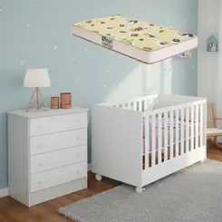 Jogo De Quarto Infantil Bebê Berço Colchão e Cômoda Branco Qmovi
