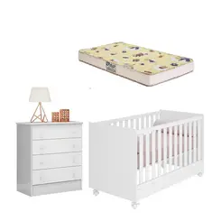 Quarto Infantil Bebê Com Berço Colchão e Cômoda Branco Acetinado - Qmovi