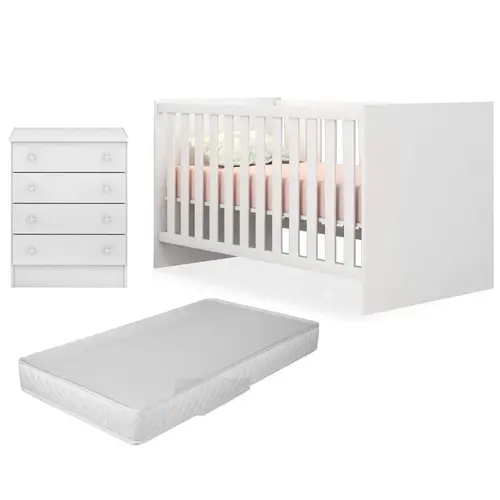 Quarto Infantil Bebê Com Berço Colchão e Cômoda  4 Gavetas Branco Acetinado - Qmovi