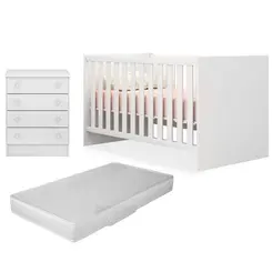 Quarto Infantil Bebê Com Berço Colchão e Cômoda  4 Gavetas Branco Acetinado - Qmovi