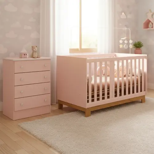 Quarto Berço Slim Padrão Americano E Cômoda Gavetas Rosa Acetinado