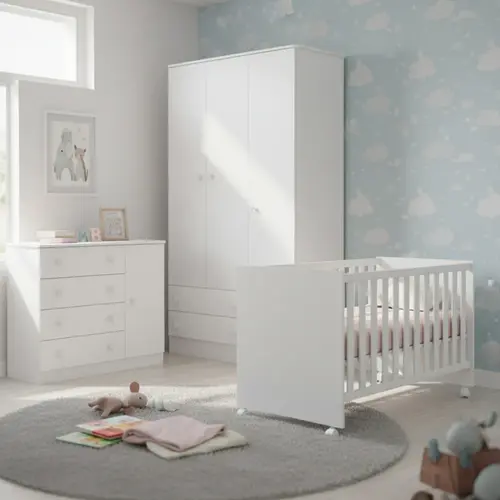 Quarto Infantil Doce Sonho Com Berço Que Vira Mini Cama Cômoda e Guarda Roupa - Branco