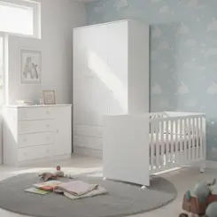 Quarto Infantil Doce Sonho Com Berço Que Vira Mini Cama Cômoda e Guarda Roupa - Branco