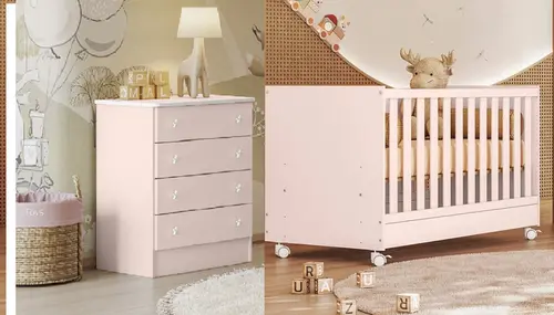 Quarto Infantil Baby Com Berço Padrão Americano e Cômoda  Gavetas Rosa Acetinado  - Qmovi