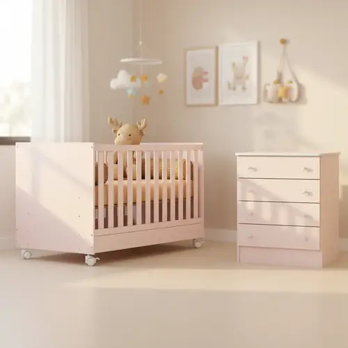 Jogo De Quarto Infantil Sonhar Berço e Cômoda - Rosa Qmovi