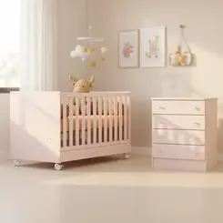 Jogo De Quarto Infantil Sonhar Berço e Cômoda - Rosa Qmovi