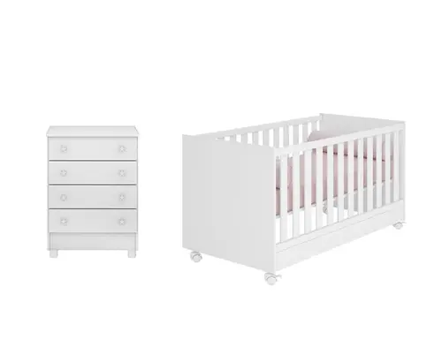 Dormitório Quarto Infantil 2 Peças Berço  E Cômoda Branco Acetinado Qmovi