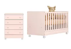 Quarto Dormitório Infantil Bebê Júlia Com Berço E Cômoda Rosa Acetinado - Móveis Leartam