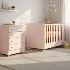 Dormitório Infantil Quarto Com Berço E Cômoda Mary Rosa Acetinado