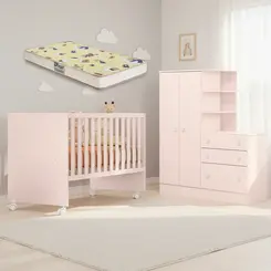 Quarto Do Bebê Completo Berço Colchão E Guarda Roupa 2 Portas 3 Gavetas Rosa Acetinado- Qmovi