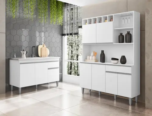 Kit Paneleiro De Cozinha Com 6 Portas e  Balcão Para Pia De 120cm - Branco Ajl