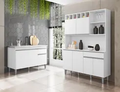 Kit Paneleiro De Cozinha Com 6 Portas e  Balcão Para Pia De 120cm - Branco Ajl