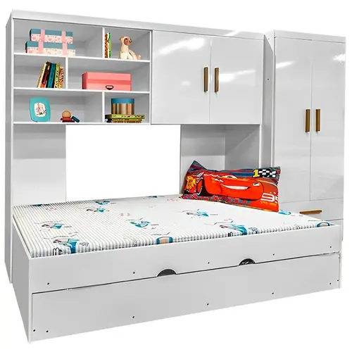 Guarda Roupa Conjunto De Quarto Solteiro Armário Com 4 Portas e Bicama Branco - Móveis Leartam
