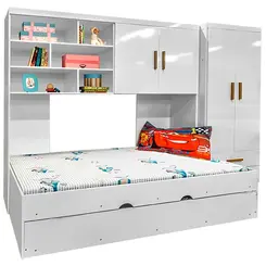 Guarda Roupa Conjunto De Quarto Solteiro Armário Com 4 Portas e Bicama Branco - Móveis Leartam