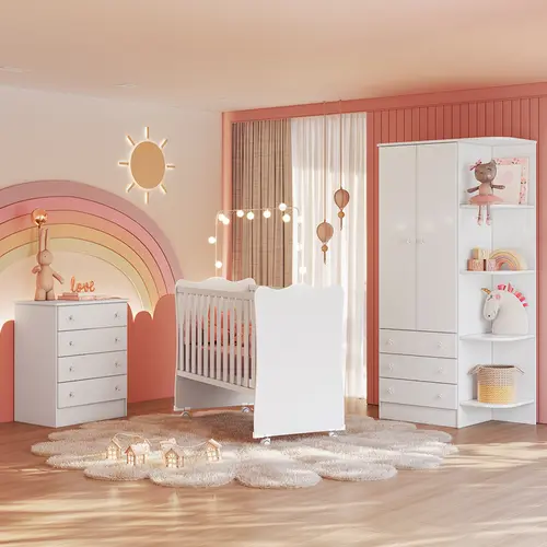 Jogo Quarto De Bebê Gaby Berço Cômoda 4 Gavetas E Roupeiro - Branco Acetinado