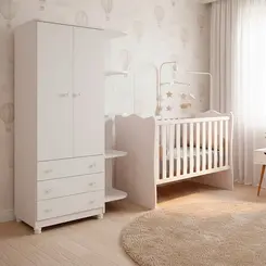 Quarto De Bebe Julia Com Berço Doce Sonho E Roupeiro 2 Pts 3 Gavetas Branco Acetinado