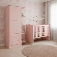 Quarto De Bebe Berço E Roupeiro 2pt 3gav Doce Sonho Qmovi Rosa Acetinado