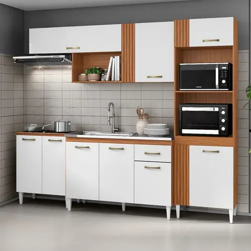 Jogo De Cozinha Completa Com Paneleiro e Balcão Com Tampo De Pia Inox 120cm - Móveis Leartam