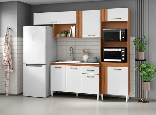 Conjunto De Cozinha Armário Paneleiro Com7 Portas 1 Gaveta Balcão Para Pia De 120cm Sem Tampo - Cinamomo Branco