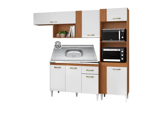 Cozinha Com 7 Portas 1 Gaveta Balcão Com Tampo Cuba Inox De 120cm Cinamomo Branco - Aramóveis