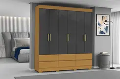 Guarda Roupa  De Casal Armário Roupeiro Marrocos Com 6 Portas 6 Gavetas Cinamomo Grafite - Aramóveis
