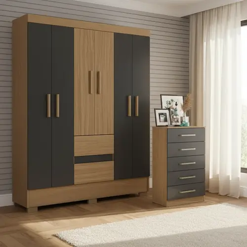 Guarda Roupa 6 Portas 2 Gavetas Com Cômoda 5 Gavetas Conjunto Coimbra Para Quarto - Aramóveis