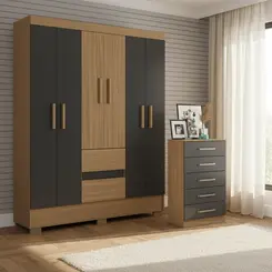 Guarda Roupa 6 Portas 2 Gavetas Com Cômoda 5 Gavetas Conjunto Coimbra Para Quarto - Aramóveis