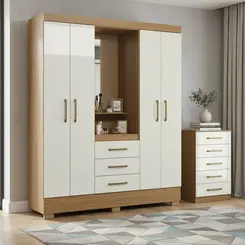 Guarda Roupa Capelinha Paris 4 Portas Com Espelho Penteadeira e Cômoda 5 Gavetas Atacama Off White Aramóveis