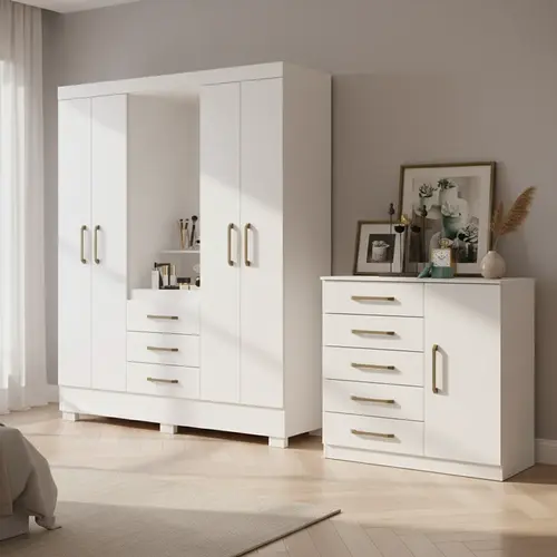 Guarda Roupa Capelinha Paris 4 Portas Com Espelho Penteadeira e Cômoda 5 Gavetas 1 Porta Branco Branco Aramóveis