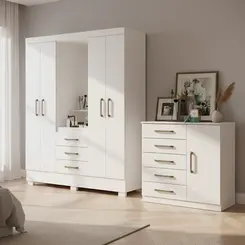 Guarda Roupa Capelinha Paris 4 Portas Com Espelho Penteadeira e Cômoda 5 Gavetas 1 Porta Branco Branco Aramóveis