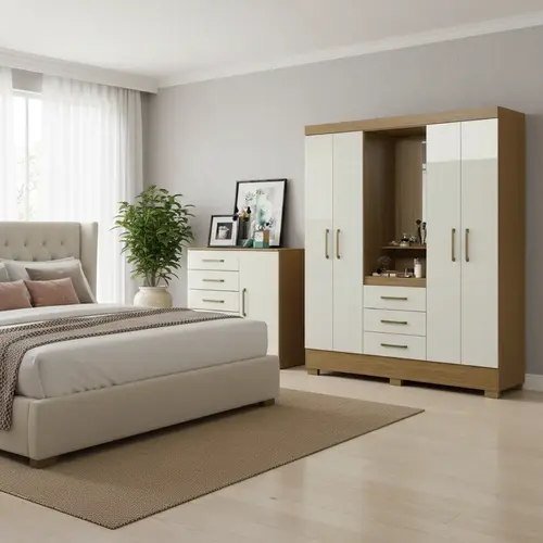 Guarda Roupa Com Espelho Paris E Cômoda 5 Gavetas Para Quarto De Casal - Aramóveis Atacama Off White