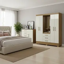 Guarda Roupa Com Espelho Paris E Cômoda 5 Gavetas Para Quarto De Casal - Aramóveis Atacama Off White
