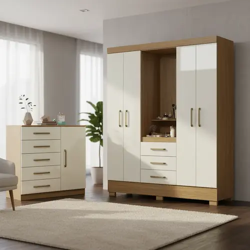 Guarda Roupa Com Espelho Paris E Cômoda 5 Gavetas Para Quarto De Solteiro - Aramóveis Atacama Off White