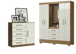 Guarda Roupa 4 Portas 3 Gavetas E Cômoda Com 5 Gavetas Para Jogo De Quarto Atacama Off White
