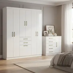 Guarda Roupa Lisboa 7 Portas E Cômoda 5 Gavetas Para Quarto De Solteiro Branco Branco Aramóveis