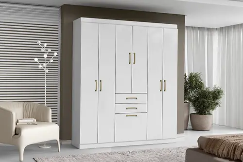 Guarda-roupa Solteiro Star Com 7 Portas 4 Prateleiras 2 Gavetas e Cabideiros Branco Aramóveis Móveis Leartam