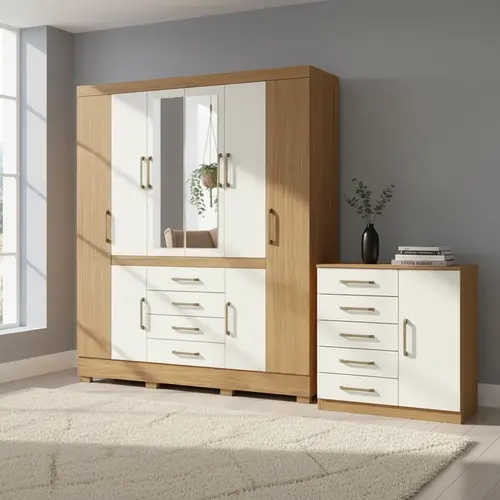Guarda Roupa Para Quarto De Casal 8 Portas Com Cômoda 5 Gavetas 1 Porta Aramóveis