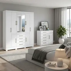 Guarda Roupa Casal 8 Portas Nápole Cômoda 5 Gavetas Milão Branco Aramóveis