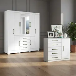Guarda Roupa Armário De Casal Com 8 Ports 4 Gavetas e Cômoda Branco -  Aramóveis Leartam  Móveis