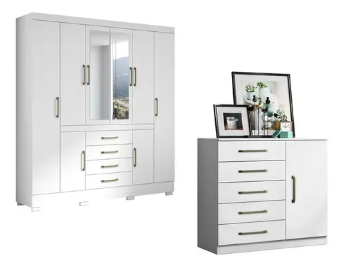 Guarda Roupa  Para Quarto De Casal Com 8 Portas Nápole e Cômoda 5 Gavetas Milão Aramóveis