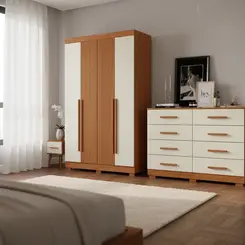Guarda Roupa 4 Portas 2 Gavetas Armário De Solteiro Com Cômoda 8 Gavetas - Cinamomo Ripado Off hite Aramóveis