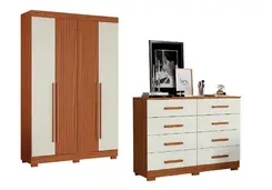 Guarda Roupa Com 4 Portas 2 Gavetas E Cômoda 8 Gavetas Para Quarto De Solteiro Cinamomo Ripado Off White Leartam Móveis