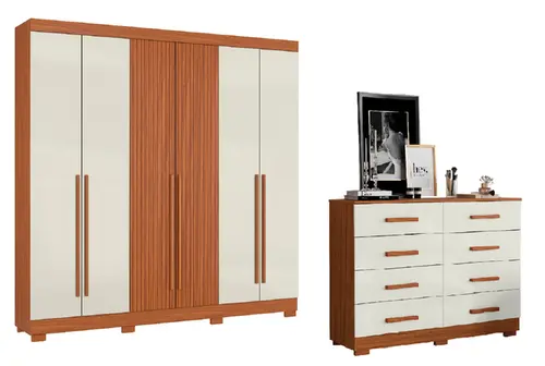 Guarda Roupa 8 Portas 2 Gavetas 230 Com Cômoda Master 8 Portas Cinamomo Ripado Off White  - Aramóveis