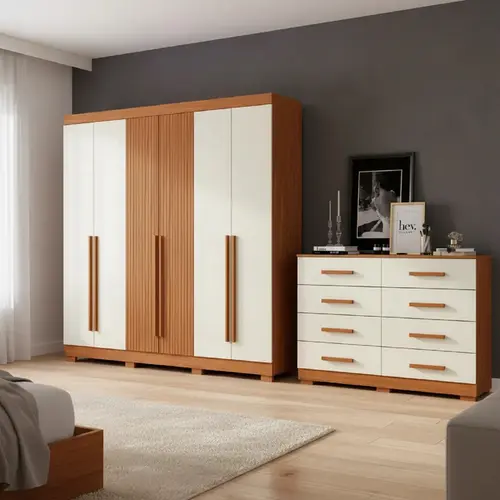 Guarda Roupa Elegance Casal Com 8 Portas 2 Gavetas Com Cômoda 8 Gavetas Cinamomo Ripado Off White - Leartam Móveis