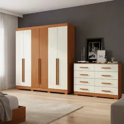 Guarda Roupa Elegance Casal Com 8 Portas 2 Gavetas Com Cômoda 8 Gavetas Cinamomo Ripado Off White - Leartam Móveis