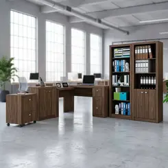 Armário Para Escritório Com Mesa  Gaveteiro E Balcão - Tecno Mobili  Marrom Nogal