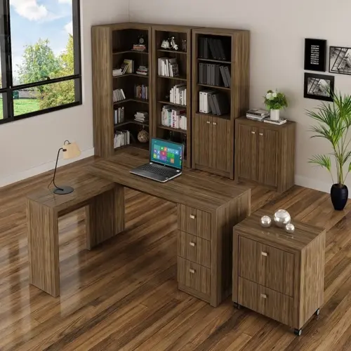 Conjunto Escritório 6 Peças com Mesa para em L Balcão Gaveteiro Armário Multiuso e 2 Estante Nogal - Tecno Molili
