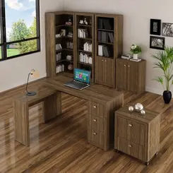Conjunto Escritório 6 Peças com Mesa para em L Balcão Gaveteiro Armário Multiuso e 2 Estante Nogal - Tecno Molili