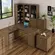 Conjunto Escritório 6 Peças com Mesa para em L Balcão Gaveteiro Armário Multiuso e 2 Estante Nogal - Tecno Molili