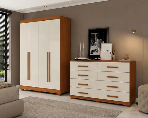 Guarda Roupa 4 Portas 2 Gavetas Solteiro Com Cômoda 8 Gavetas Cinamomo Off White - Aramóveis